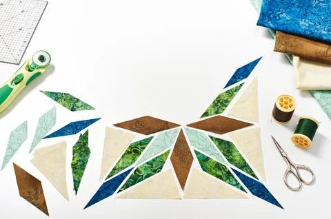 Design of  element quilt in progress, prepared cut pieces, top view 스톡 사진