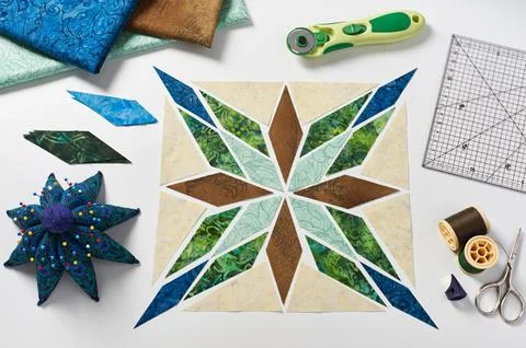 Design of  element quilt in progress, prepared cut pieces, top view Fotos de archivo