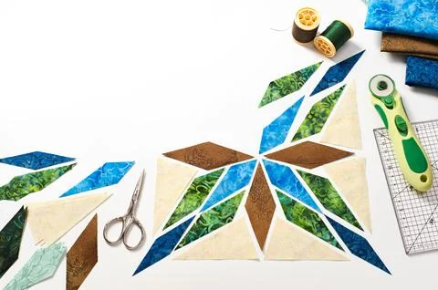 Design of  element quilt in progress, prepared cut pieces, top view Fotos de archivo