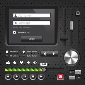 Design elements Dark User Interface Controls with login window Stock Illustration