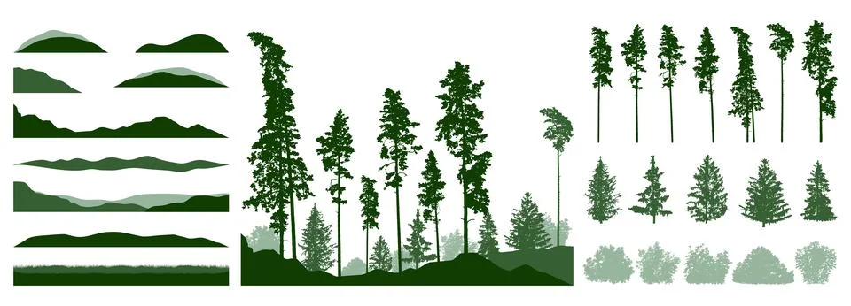 Design elements of forest trees. Constructor of landscape. Silhouettes of bea Stockillustratie