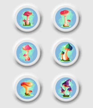 Design elements gray buttons with color drawings. Vegetable design with mushr Stock Illustration