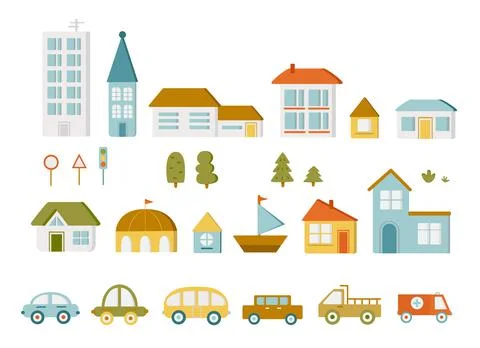 Design elements of a modern city. Create map your own town with houses and cars Stock Illustration