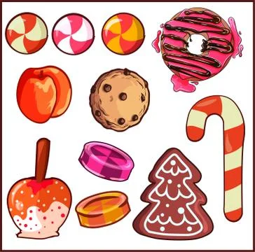 Design elements pack with different type of sweets and desserts Stock Illustration