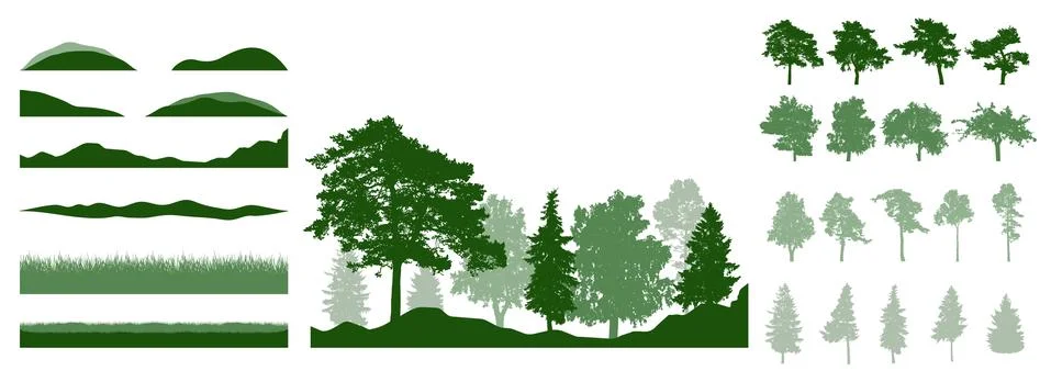 Design elements of summer trees. Constructor woodland, landscape. Silhouettes Stock Illustration