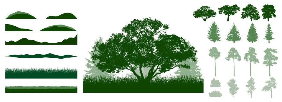 Design elements of summer trees. Constructor woodland, landscape. Silhouettes Stockillustratie
