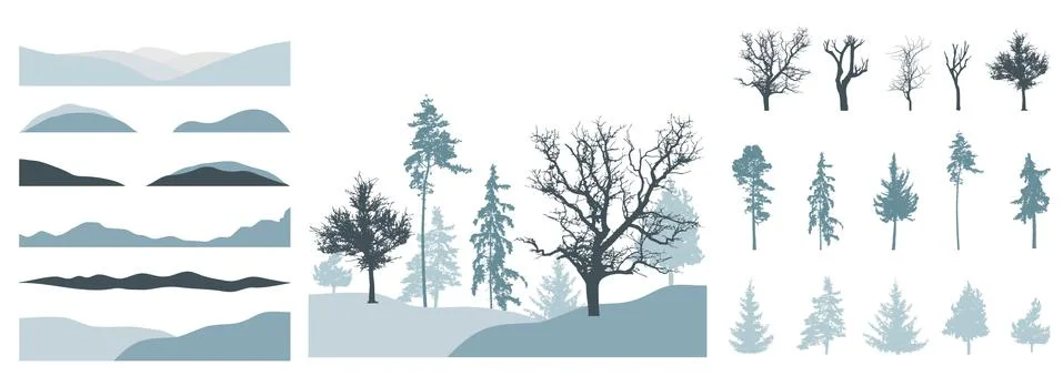 Design elements of trees, set. Silhouette of bare tree, pine, spruce. Creatio イラスト素材