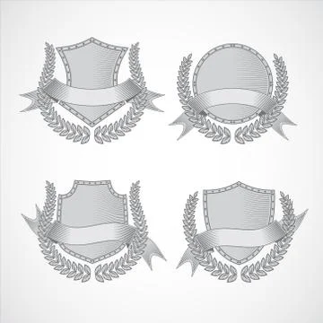 Design elements. Vector set of shields with Laurel wreaths and ribbons. Style of イラスト素材