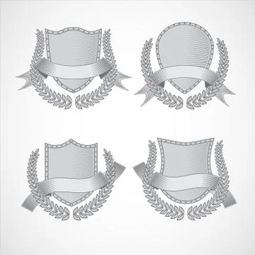 Design elements. Vector set of shields with Laurel wreaths and ribbons. Style of Stock Illustration