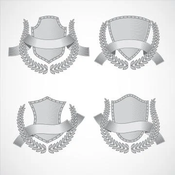 Design elements. Vector set of shields with Laurel wreaths and ribbons. Style of イラスト素材