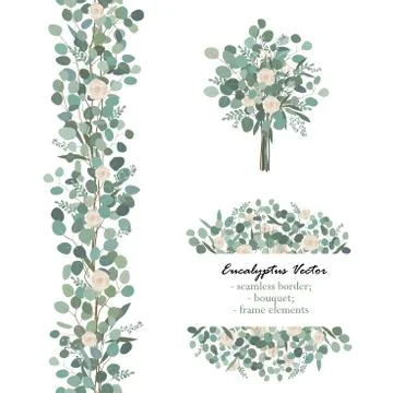 Design elements with white rose flowers and eucalyptus branches. Bouquet, sea イラスト素材