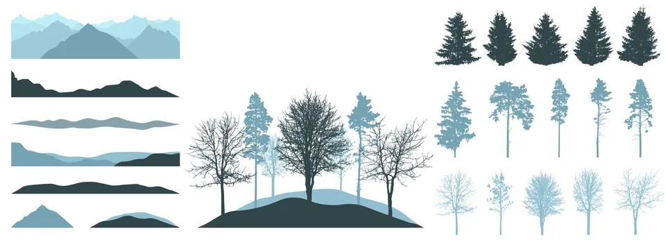 Design elements of winter forest trees. Constructor of landscape. Silhouett.. Stock Illustration