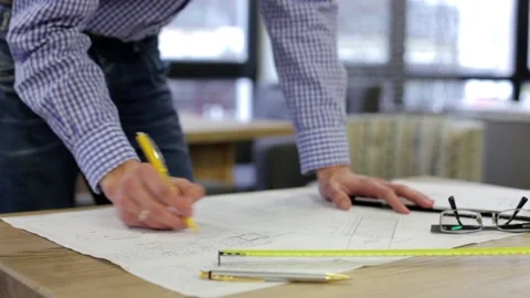 Design engineer checking blueprints Stock Footage 154682070