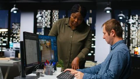 Design engineering team use architectural software for 3D modeling Stock Photos