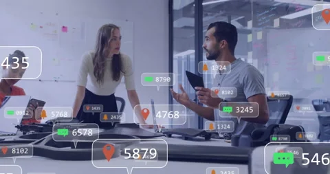 Design engineers tapping tablet and filtering AR data bubbles over drone Video stock 313509093