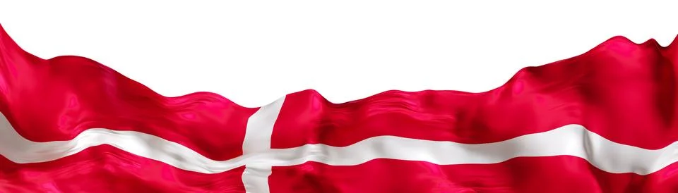 The design features a 3D render of the Denmark flag with a red field and a wh Stock Photos