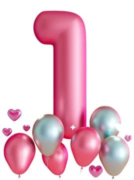 The design features a large pink number one surrounded by colorful balloons.. Stock Photos