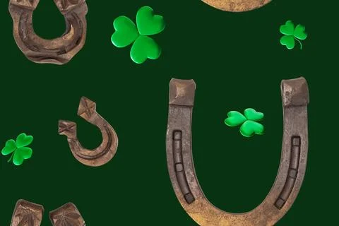 This design features a seamless pattern with horseshoes and clover shapes t.. Stock Photos