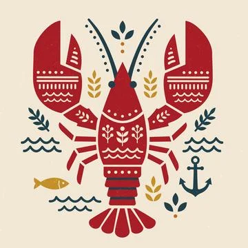 Design Featuring a Lobster With Decorative Elements and Nautical Themes in .. Stock Illustration