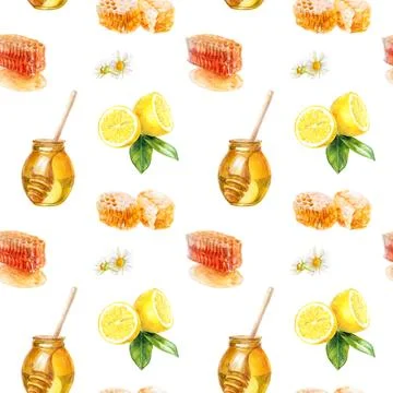 This is a design featuring a seamless watercolor pattern of honey, lemon, and Stock Illustration
