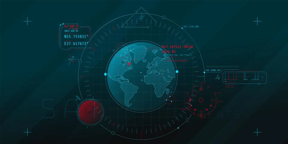 Design of a futuristic software interface for tracking an object on the planet. 스톡 일러스트