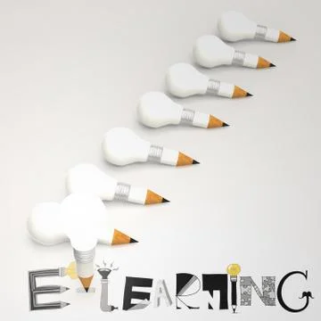 Design graphic hand drawn e-learning word and pencil lightbulb 3d as concept Ilustración de archivo