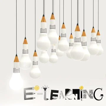 Design graphic hand drawn e-learning word and pencil lightbulb 3d as concept イラスト素材