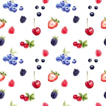 The design has a seamless pattern with cherry, strawberry, raspberry, blueberry Illustrazione stock