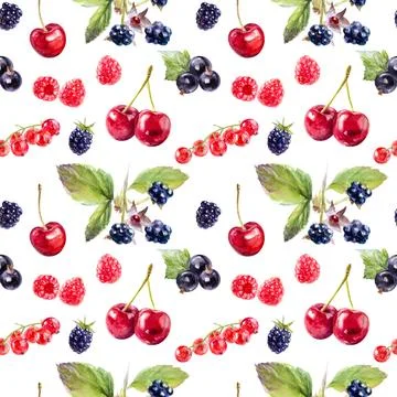 The design has a seamless pattern with cherry, currant, raspberry, and Illustrazione stock