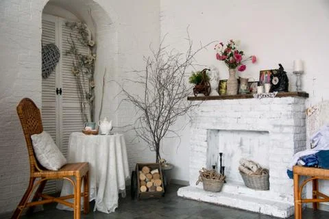 The design interior rustic room with a fireplace Stock Photos