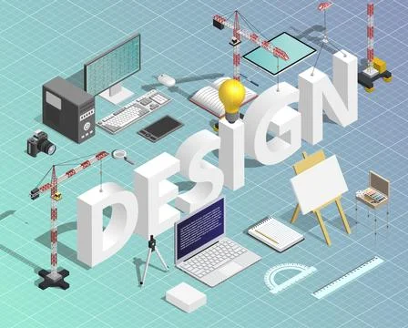 Design isometric concept with creative tools, computer equipment and typogr.. 库存插图