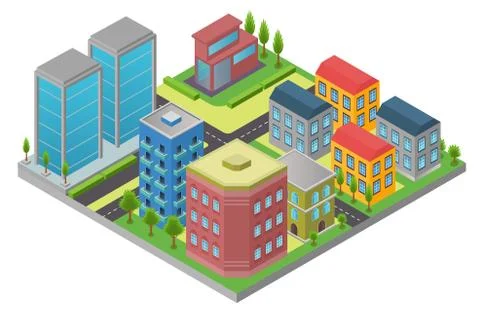 Design in isometry of city element with road and modern building in district Ilustración de archivo