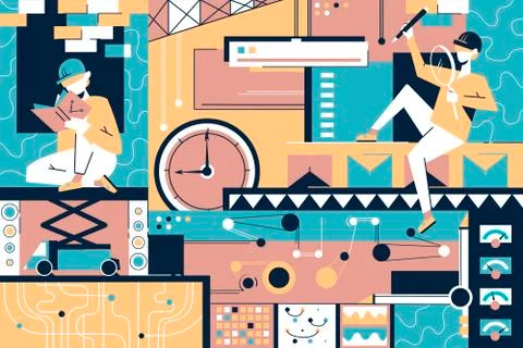 Design items background of people, designer equipment and time. Stock Illustration