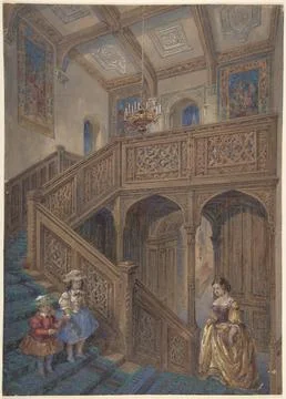 Design for a Jacobean-style Staircase (recto); Architectural Element Design.. Stock Illustration
