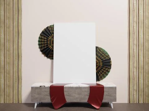 .design in Japanese style. 3d rendering of a dark fan wall poster with a wood Stock Illustration