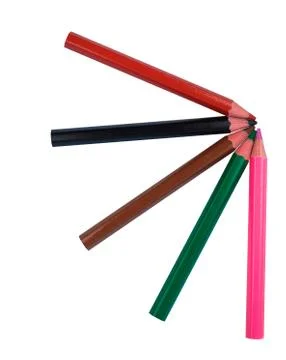 A design made with five different colored wood pencil crayons on white backgr Stock Photos