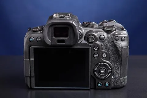 Design of mirrorless camera Canon EOS R6 is cluster of controls including sev Foto stock