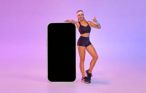 Design For Mobile Application. Dietetics And Fitness. Happy Woman With Big Stock-Fotos