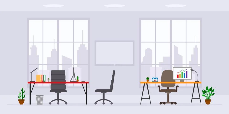 Design of modern empty office work place front view vector illustration. Flat Stock Illustration