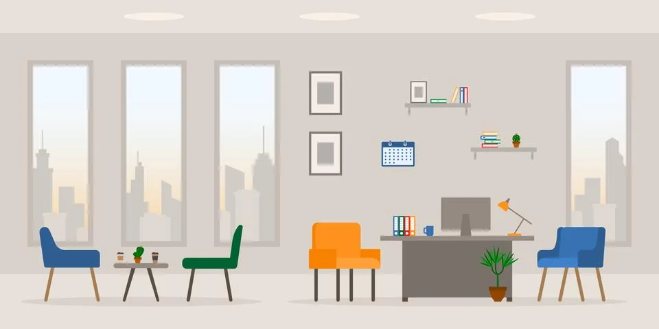Design of modern empty office working place front, side view vector illustrat Stockillustratie