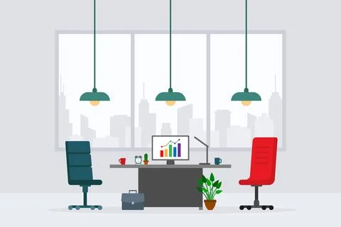 Design of modern empty office working place front view vector illustration. F 스톡 일러스트