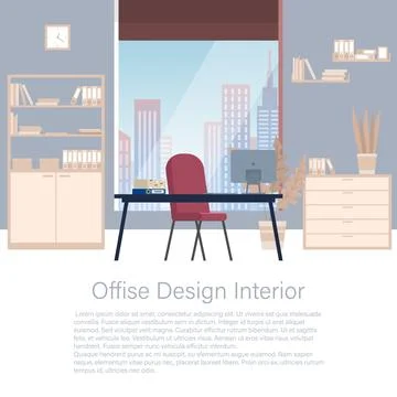Design of modern empty office working place, chair, computer, desktop, bookcase 스톡 일러스트