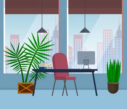 Design of modern empty office working place, chair, computer, desktop, bookcase 스톡 일러스트