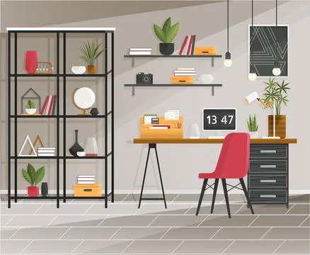 Design of modern empty office working place front view desk, chair, computer Stock Illustration