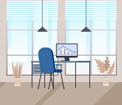 Design of modern empty office working place front view desk, chair, computer 스톡 일러스트