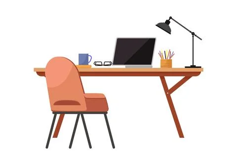 Design of modern empty office working place front view desk, chair, computer 스톡 일러스트