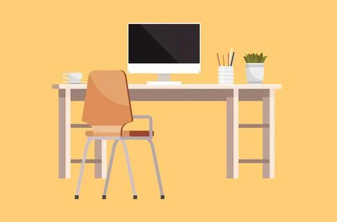 Design of modern empty office working place front view desk, chair, computer 스톡 일러스트