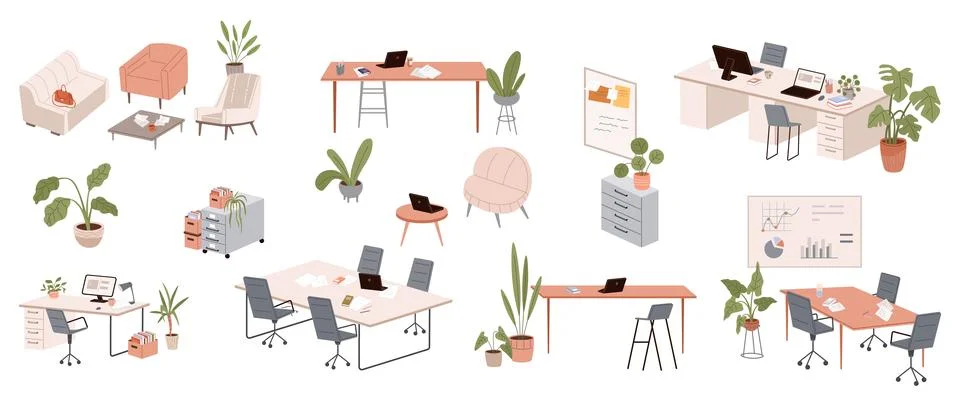 Design of modern empty office working place desk, chair, computer, plants in pot 스톡 일러스트