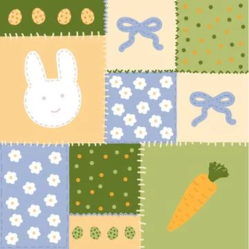 Design of a multi-coloured fabric patchwork with Easter motives. Stock Illustration