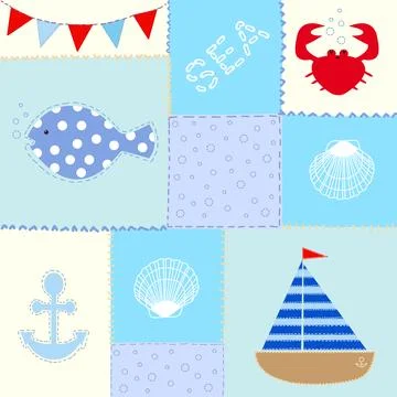 Design of a multi-coloured fabric patchwork with nautical motives. Stock Illustration